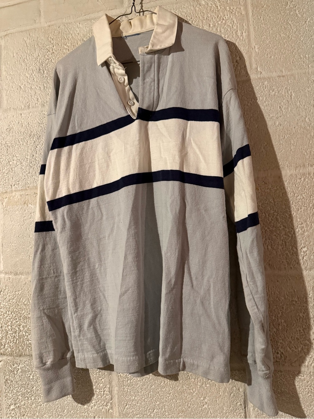 Vintage Lands End Striped Rugby Shirt in grey, navy and white